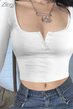 Women Ribbed Causal T-shirts Crop Tops Spring Autumn Slim Fit Base Tees Solid Long Sleeve Buttons T-shirts