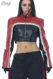 Spring Autumn Cool Patchwork Crop Pu Leather Jacket Women Long Sleeve Luxury Designer Clothes Runway European