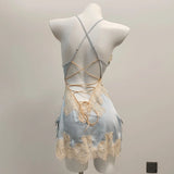 New Ice Silk Sexy Pajamas Pure High-End Small Breast Hollow Lace Sling Aja Skirt