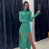 Zingj New High Collar Long Sleeves High Slits Irregular Slim Long Solid Color