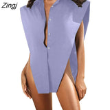 Female Shirt Fashion Sexy Solid Color Turn-Down Collar Sleeveless Tops 2023 Streetwear