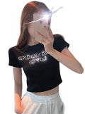 Zingj Celebrity Bottom Shirt High Waist Crop Short Jacket Women Hot Diamond Letter Slim Summer Short-Sleeved T Shirt Women Ins