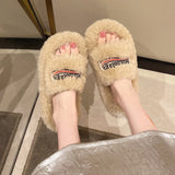 Slippers Women Wear 2025 New Letter Embroidered Thick Bottom Lamb Hair Autumn Winter Flat Letter