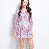 Retro Elegant Suit Collar Long Sleeves With Waist Print Dress Women's Thin Temperament Single Buckle A