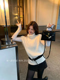 Xixi 2025 Autumn New White Standard Temperament Wool Solid Color Short-Sleeved Knitted Top Does Not Contain