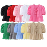Sweet Gentle Wind Pure Color Lace Design Shirt Fashion Niche Bubble Short Sleeve Temperament Women's