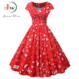 Print Vintage Christmas Dress Women Winter Big Swing Elegant Short Sleeve V Neck Sexy New Year Party