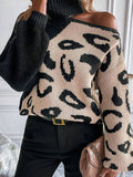And Winter New Sweater Women Feel Shoulder Leopard Splicing High-Neck Knitting Shirt