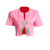 Simple Diamond Bow Bow Short-Sleeved T-Shirt 2025 New Trendy Niche Girl Open Fork Blouse Autumn And