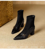 Brown Short Boots Women Thick And 2025 Autumn And Winter New Splicing Elastic Thin Boots Tips 6CM High