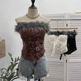 Shooting Retro Pu Skin Spliced Hair Bra Bra Strap Chest Punk Hottie Skin Buckle Waist Short Top