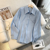 Striped Shirt Women 2025 Spring And Autumn New Design Sense Niche Collar Shirt Folded With Long-Sleeved