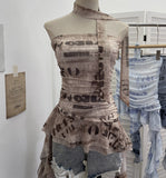 Shooting Spice Girls Irregular Lotus Leaf Side Ribbon With Non-Slip Strip Mesh Printing Chest Vest