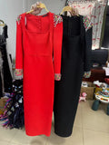 Stylish Black Diamond-Stuffed Casual Long-Sleeved Slender Bandage Long-Sighten Dress Evening