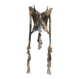 Retro Oil Painting Wind Dyed Lotus Leaf Side Sling T-Shirts Long Sleeves Drifting Coat