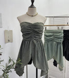 Real Shooting Niche Hottie Sexy Breast-Wearing Waist Folded Open Fork Water Washing Denim Wrapped Breastless Sleeveless Top