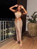 Spring And Summer Fashion Shell Esbead Hanging Neck Strap Sexy Body Butt Adjustable Long Skirt