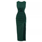 And Summer 2025 New Wish Women's Casual Solid Color Round Collar Slit Dress