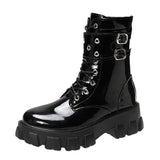 Bottom Buckle Patent Leather Short Barrel Knight Boots Girl Large Handsome Willow Thorn Tying With Thin Leather Boots