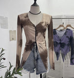 Real Shooting Hottie Slear Dye Printing V Tie With Hollow Irregular Shoulder Long-Sleeved T-Shirt