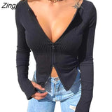Women Front Zipper Ribbed Crop Top Autumn Solid Color Zip Long Sleeve V Neck Tight Knitwear T Shirts