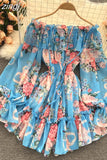 Slash Neck Spaghetti Strap Mini Chiffon Dress Women Summer Vacation Beach Flare Long Sleeve Ruffle Blue/Green Vestidos