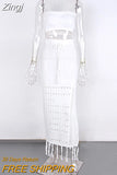 Women Swimming Cover-up Skirt Set Summer Knit Beach Outfits Hollowed Tassel Long Skirt with Tube Top Skirt Two Piece