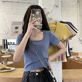 Zingj Short T-Shirt Female Solid Color 2024 New High Waist Slim Show Thin Hot Girl All-Match Short-Sleeved Square Collar Top