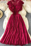 Purple/Green/Red Lace Midi Dress Women Sweet Round Neck Ruffle Vestidos Female High Waist Slim Robe Spring Autumn