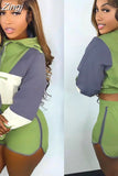 Patchwork Two Piece Set Long Sleeve Hooded Crop Top Biker Shorts Fall Outfits Tracksuit Women Clothes Sexy Matching