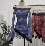Tie-Dyed Leopard Print Lace Spliced Double-Layer Mesh Shoulder Irregular Loudspeaker Top
