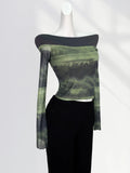 Zingj Single Double One Word Shoulder Hot Girl Jacket Chic Beautiful Small Shirt Green Dizzy Dye Horn Sleeve Mesh Long Sleeve