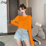Sleeve T-shirts Women Spring Solid Loose Crop Top Sexy New Trendy Leisure Girls T-shirt Korean Stylish Teens All-match