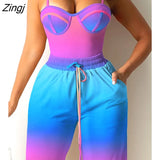 Women Fashion Ombre Colorblock Sexy Corset Cami Crop Top Wide Legs Contrast Pipping Pants Set Gradient Long Trousers Two
