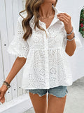 Summer New Collar Hollow Embroidered Women's Short-Sleeved Shirt French Casual Personality Niche