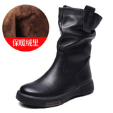 Layer Kraft Mid-Sleet Boots Women Autumn And Winter New Flat Bottom Comfortable Side Zipper Martin Boots Retro Style Horse