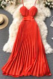 Sexy Spaghetti Strap Dress Women Elegant Hollow Out High Waist Pleated Vestidos Female Party Robe New