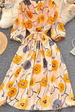Women Flower Printed Midi Dress Spring Autumn Elegant V-Neck Slim Vestidos Casual High Waist A-Line Bohemian Robe