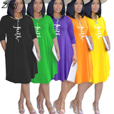 Faith Letter Print Dresses For Women Pocket O-neck Three Quarter Sleeve Dress 2023 Female Summer Autumn