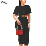 Spring Summer Women Sexy Solid Bodycon Midi Skirt Set Slim Fit Outfits Crop Tops 2 Two Piece Matching Set