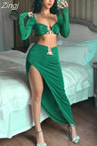 Ring Two Piece Set Autumn Women Party Dress Strapless Crop Top High Split Maxi Skirt Summer Holiday Beach Outfits