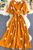 Women Polka Dot Midi Dress Vintage V-Neck Short Flare Sleeve Bandage A-Line Vestidos Female Casual Robe New