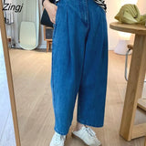 Leg Jeans Women Blue Summer Loose Ankle-length High Waist Washed Students Casual All-match Pockets Trousers Bottoms