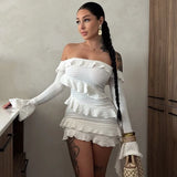 Autumn Women's New Fashion Long-Sleeved Horn Sleeves Shoulder Lotus Leaf Side Ribbon