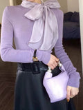 Design With Bow Temperament Elegant Knitted Shirt Autumn And Winter New Rich Gold Feeling Thin