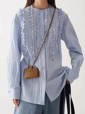 Temperament Lotus Leaf Side Blue Shirt Women's Early Spring 2025 New French Loose Wood Ear Shirt Court Wind