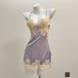 New Ice Silk Sexy Pajamas Pure High-End Small Breast Hollow Lace Sling Aja Skirt