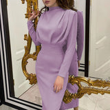 Women's Clothing 2025 Spring New Dress Fashion Temperament Waist Solid Color Long-Sleeved