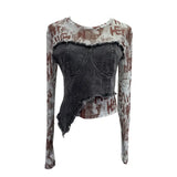 Shooting Tie-Dye Print Spliced Denim T-Shirt Girl Autumn Design Sense Irregular Hair Side Short-Sleeved Top