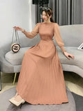 Ripe Wind High Waist Round Collar Dress Spring And Autumn New Temperament Solid Color To Show Thin Waist Swing 100 Rhetum Long